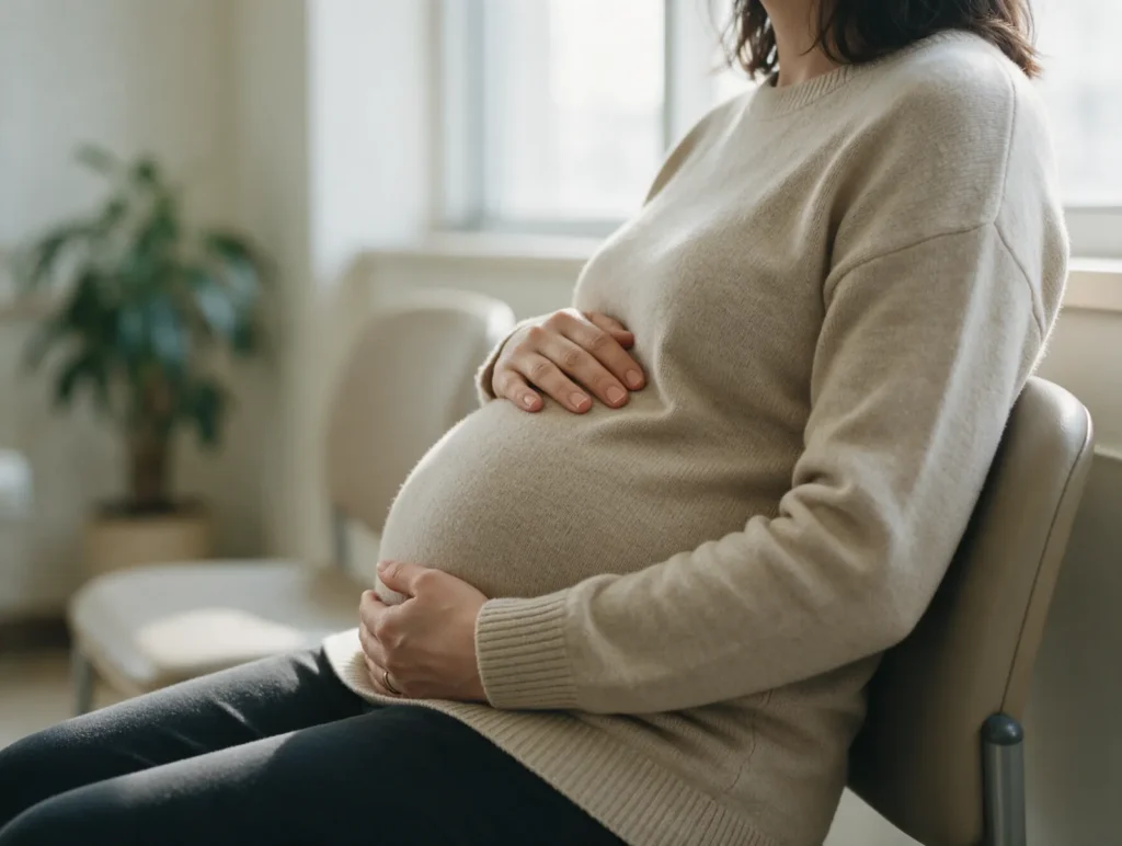 Femme enceinte assise, les mains posées sur le ventre