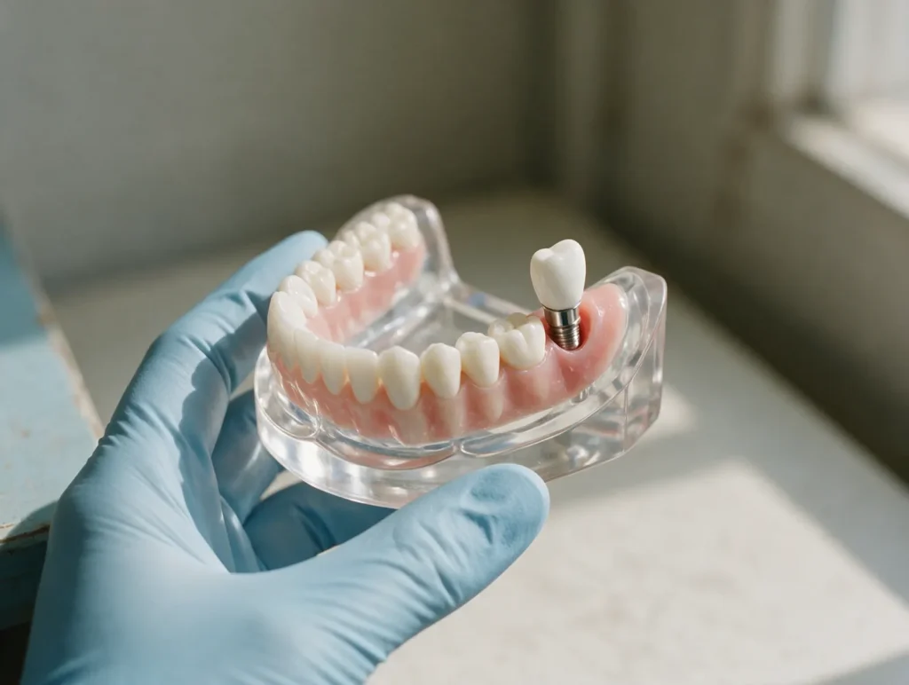 Modèle de mâchoire transparent montrant un implant dentaire et sa couronne, tenu dans une main gantée